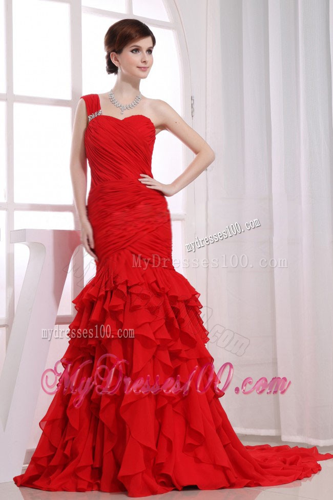 Mermaid Ruffles Watteau Train Red One Shoulder Evening Dress