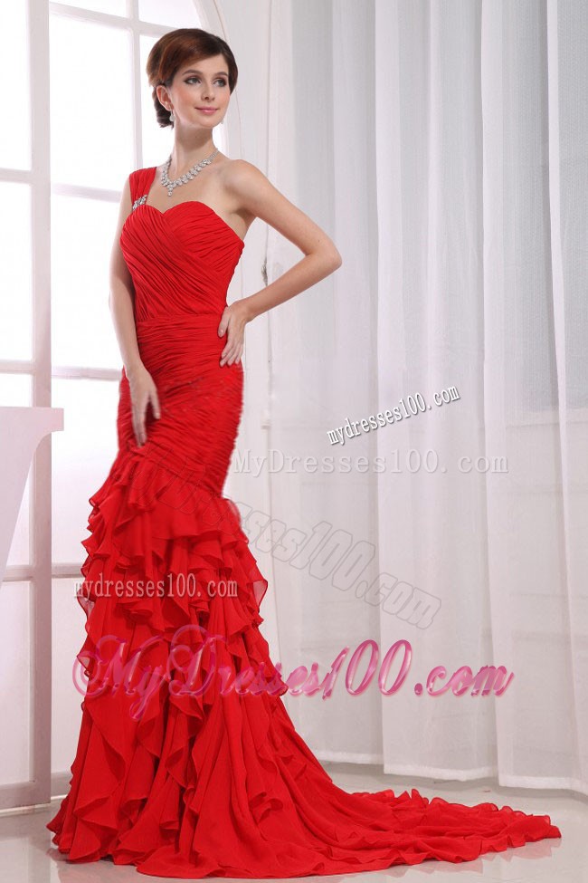 Mermaid Ruffles Watteau Train Red One Shoulder Evening Dress