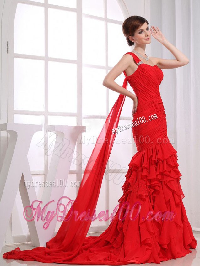 Mermaid Ruffles Watteau Train Red One Shoulder Evening Dress