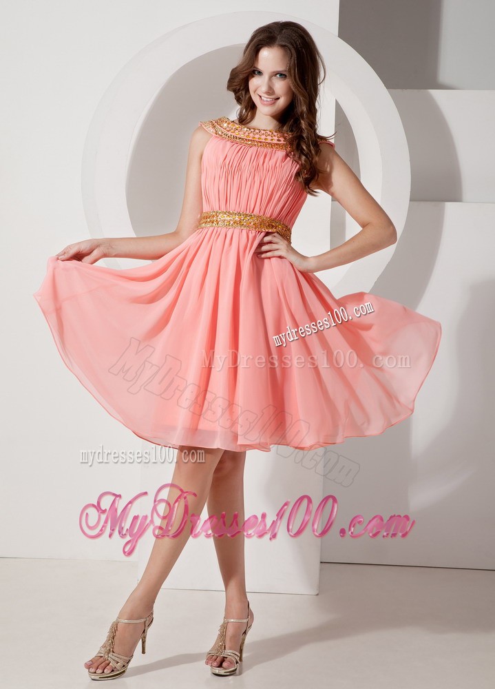 Watermelon Bateau Beading Prom Evening Dress with Knee-length