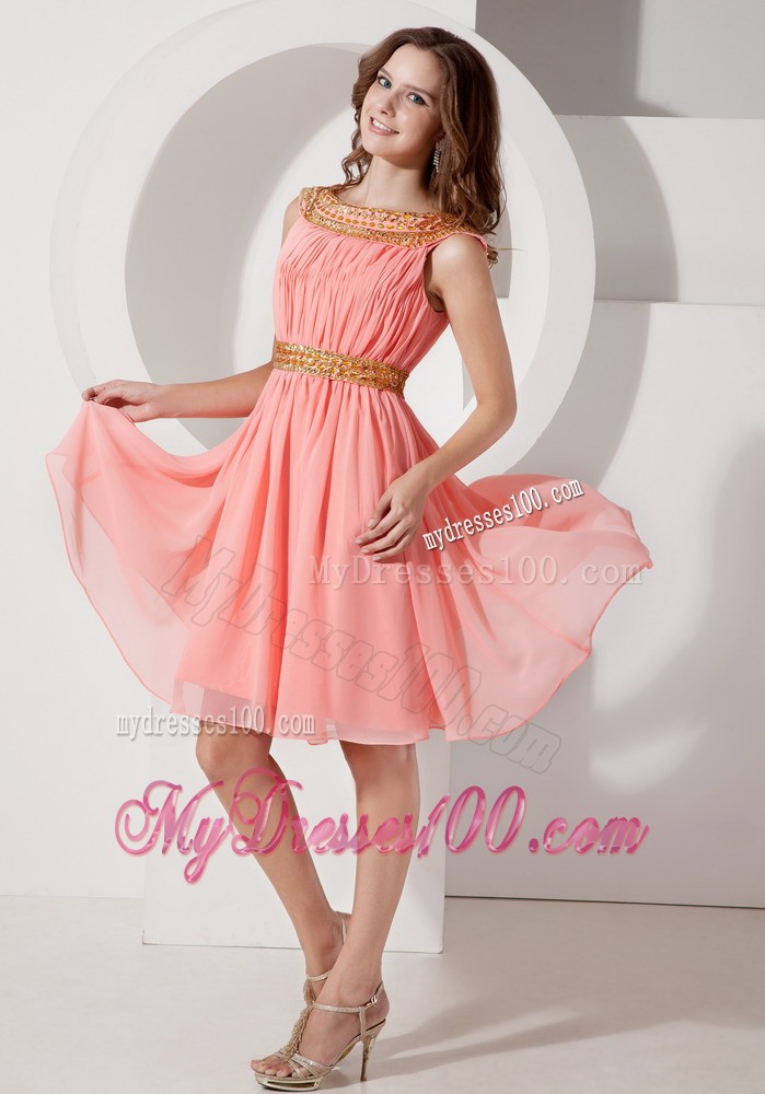 Watermelon Bateau Beading Prom Evening Dress with Knee-length