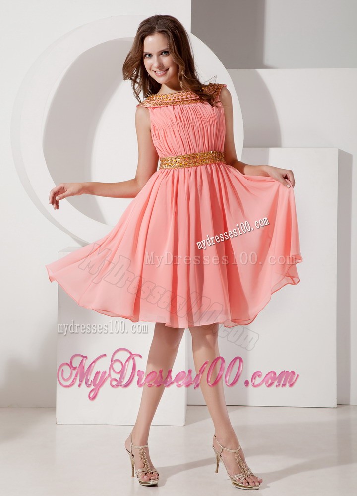 Watermelon Bateau Beading Prom Evening Dress with Knee-length