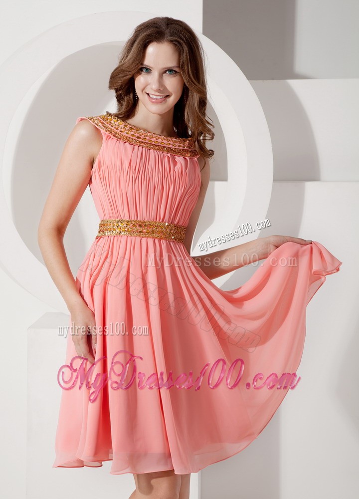 Watermelon Bateau Beading Prom Evening Dress with Knee-length