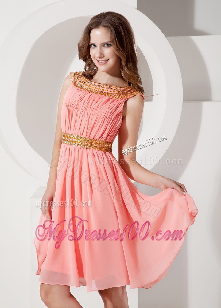 Watermelon Bateau Beading Prom Evening Dress with Knee-length