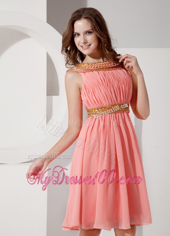 Watermelon Bateau Beading Prom Evening Dress with Knee-length