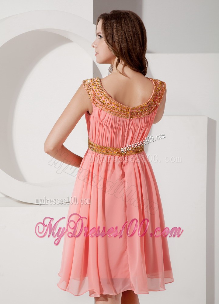 Watermelon Bateau Beading Prom Evening Dress with Knee-length