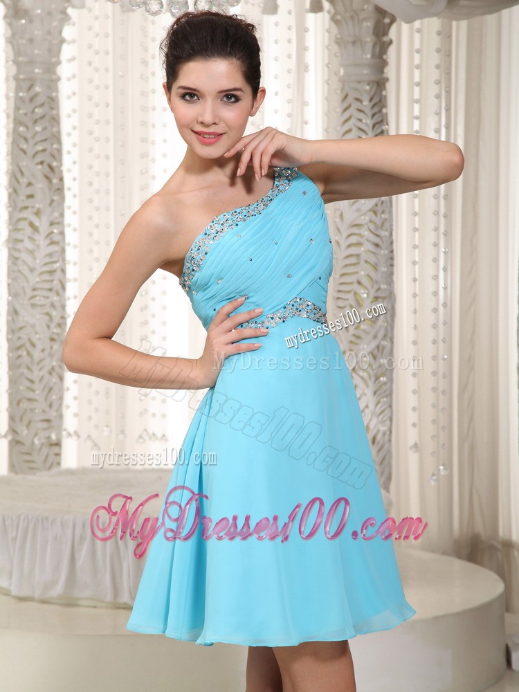 Aqua Empire One Shoulder Mini-length Beading Prom Evening Dress