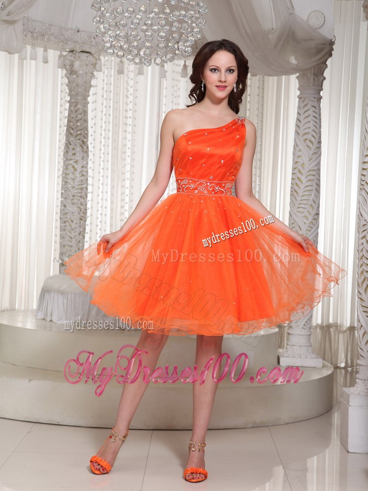 Lace-up Orange Evening Dress with One Shoulder Beaded Decorate