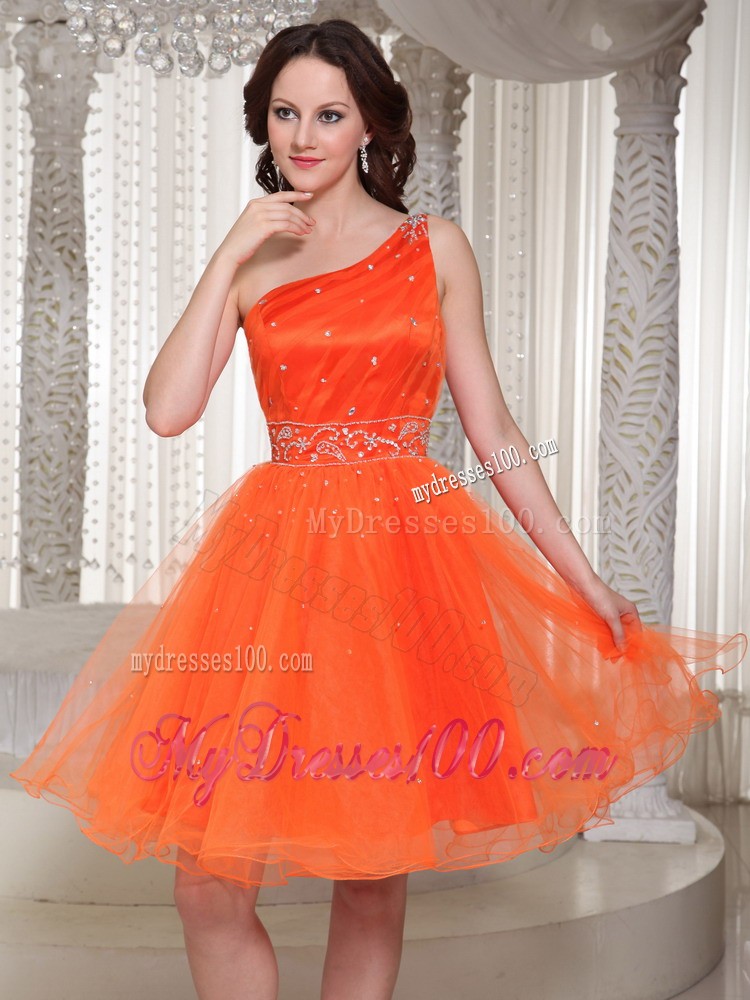 Lace-up Orange Evening Dress with One Shoulder Beaded Decorate