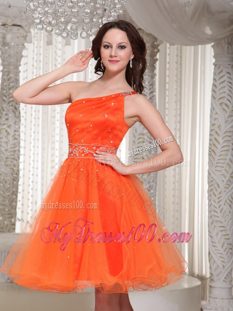 Lace-up Orange Evening Dress with One Shoulder Beaded Decorate
