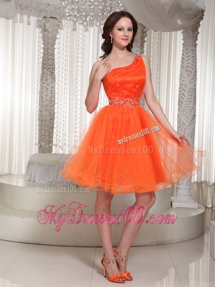 Lace-up Orange Evening Dress with One Shoulder Beaded Decorate