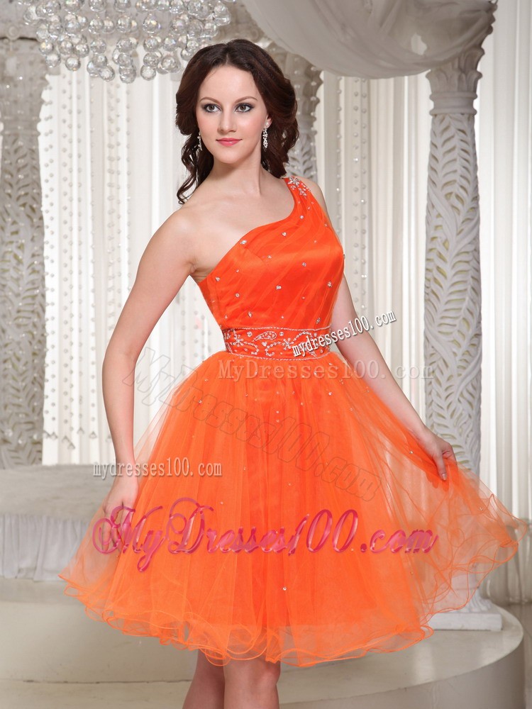 Lace-up Orange Evening Dress with One Shoulder Beaded Decorate