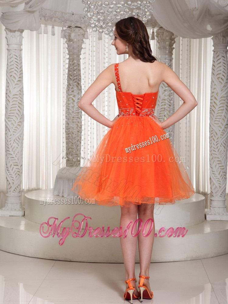 Lace-up Orange Evening Dress with One Shoulder Beaded Decorate