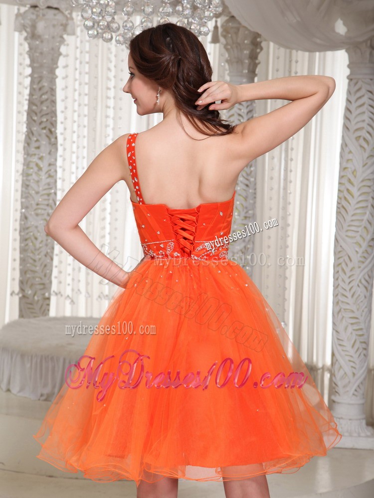 Lace-up Orange Evening Dress with One Shoulder Beaded Decorate