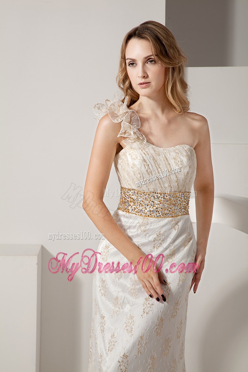 White Column One Shoulder Beading Lace Evening Dresses 2013