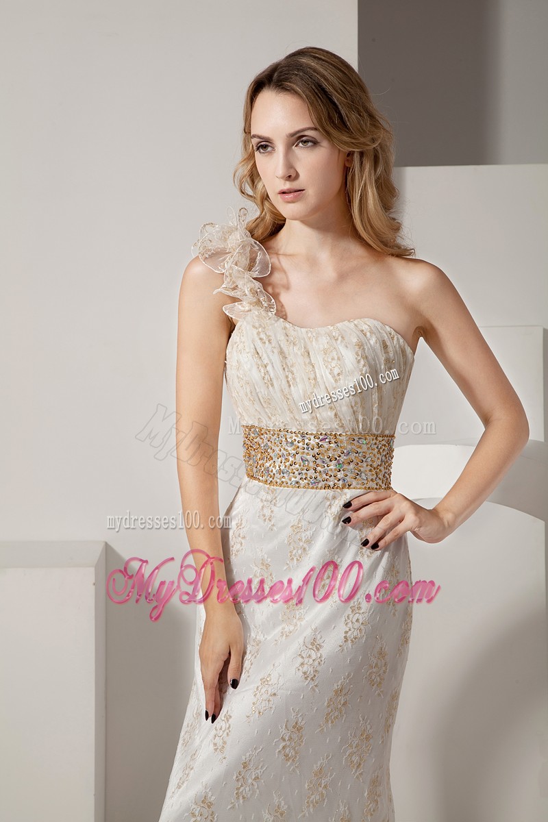 White Column One Shoulder Beading Lace Evening Dresses 2013
