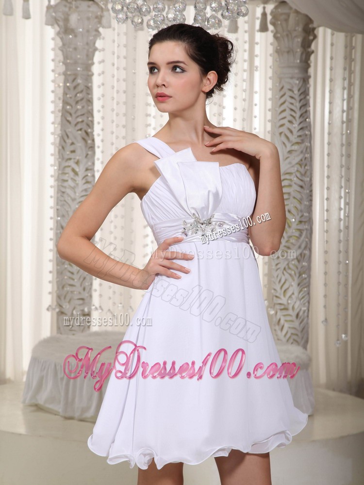 White Empire One Shoulder Mini-length Beading Evening Dress