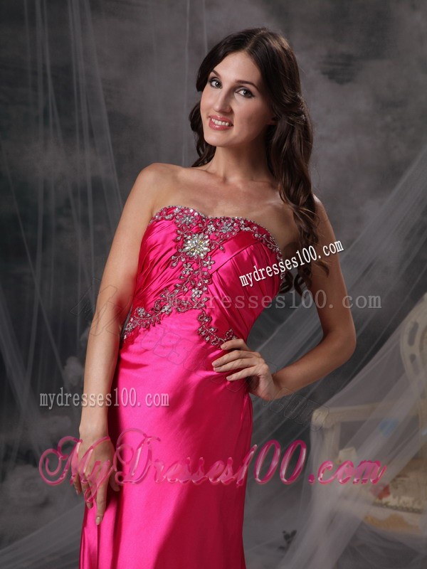 Hot Pink Sweetheart Beading and Ruche Brush Train Evening Dress