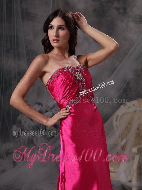 Hot Pink Sweetheart Prom Dress Satin Beading and Ruch Brush Train