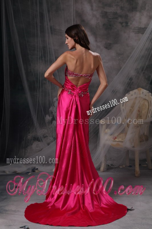 Hot Pink Sweetheart Prom Dress Satin Beading and Ruch Brush Train
