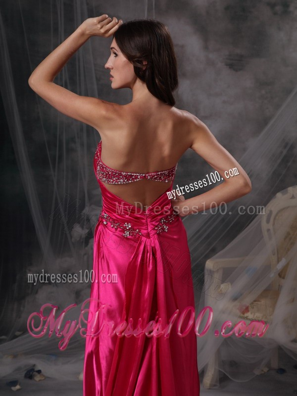 Hot Pink Sweetheart Prom Dress Satin Beading and Ruch Brush Train