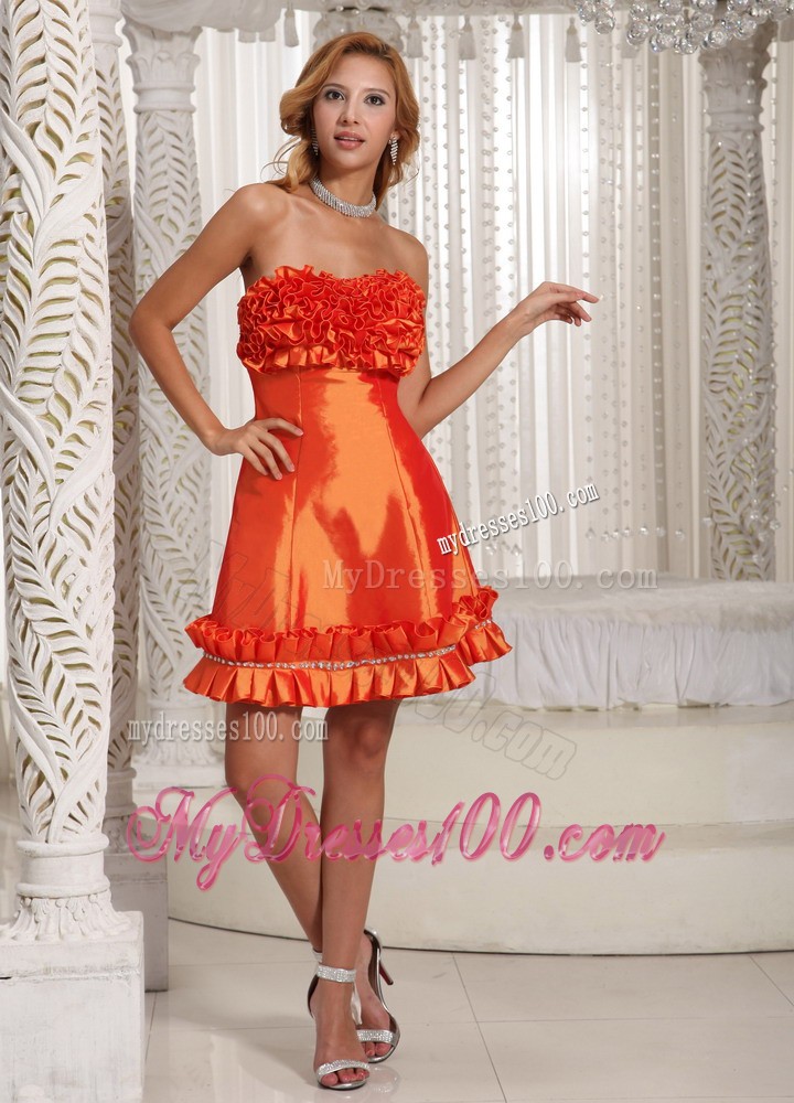 Orange Red Hand Made Flowers Mini-length Prom Evening Dress