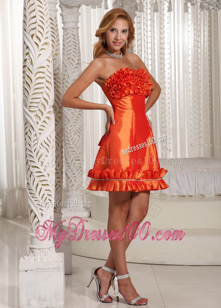 Orange Red Hand Made Flowers Mini-length Prom Evening Dress