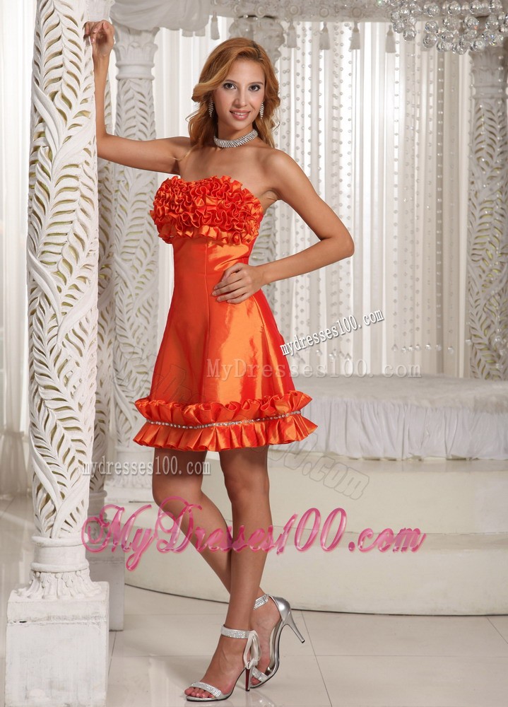 Orange Red Hand Made Flowers Mini-length Prom Evening Dress