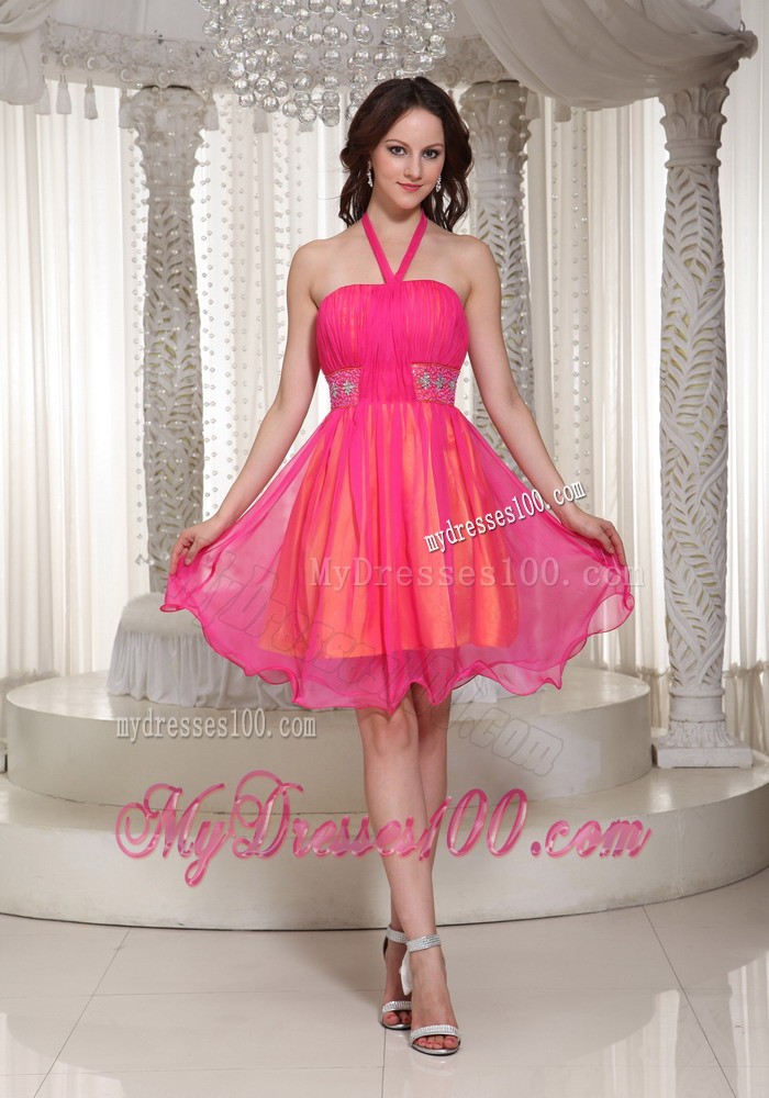 Hot Pink Halter Beaded Decorate Knee-length Prom Evening Dress