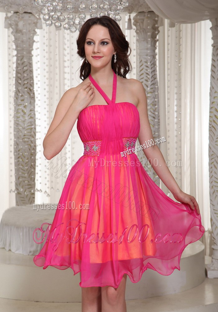 Hot Pink Halter Beaded Decorate Knee-length Prom Evening Dress