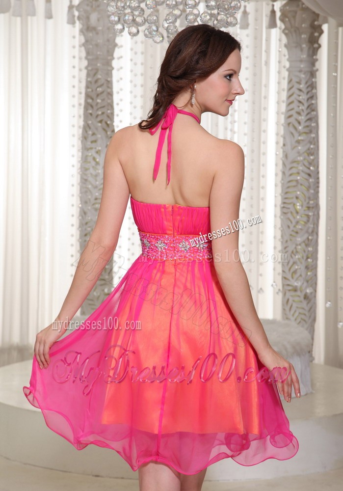 Hot Pink Halter Beaded Decorate Knee-length Prom Evening Dress