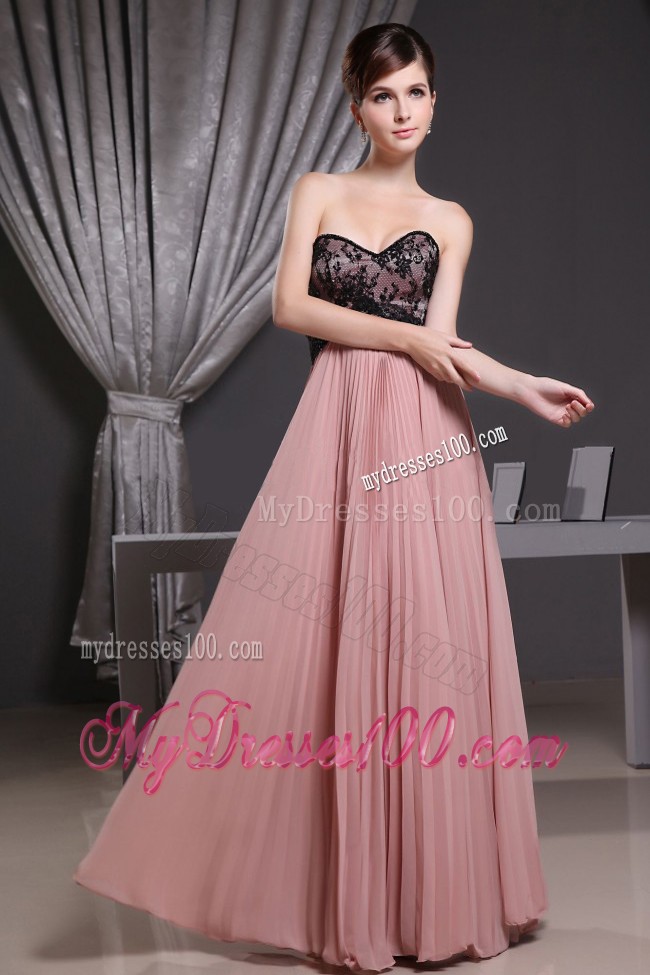 Pink Sweetheart Long Prom Dress with Pleat Decorate and Lace