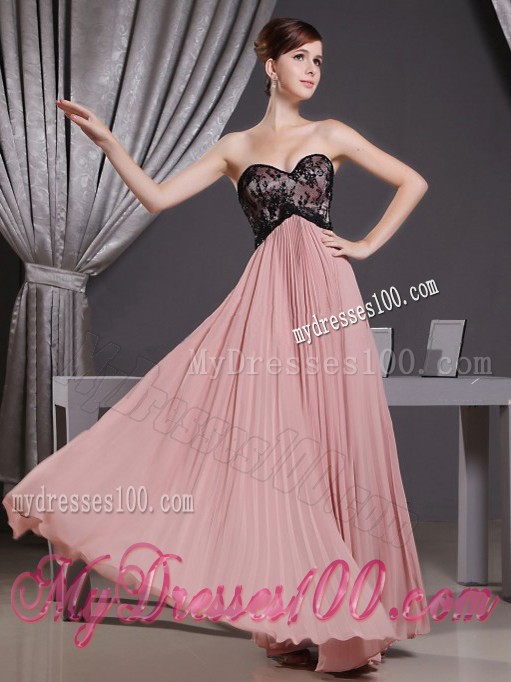 Pink Sweetheart Long Prom Dress with Pleat Decorate and Lace