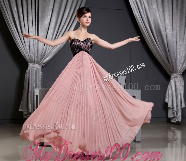 Pink Sweetheart Long Prom Dress with Pleat Decorate and Lace