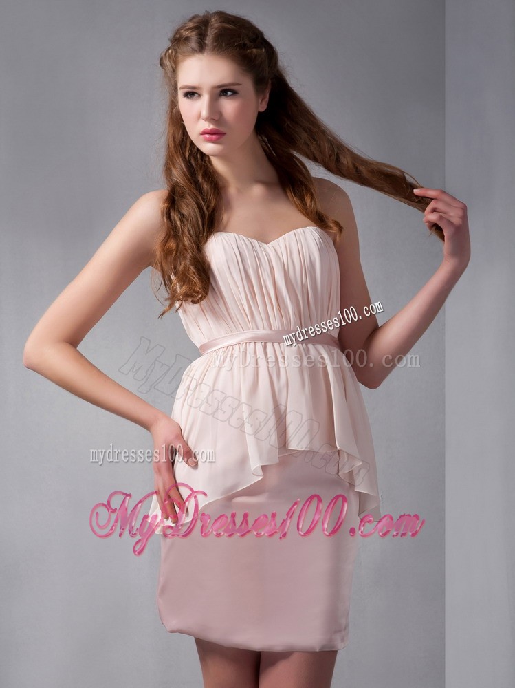 Pink Column Sweetheart Mini-length Ruche Prom Evening Dress
