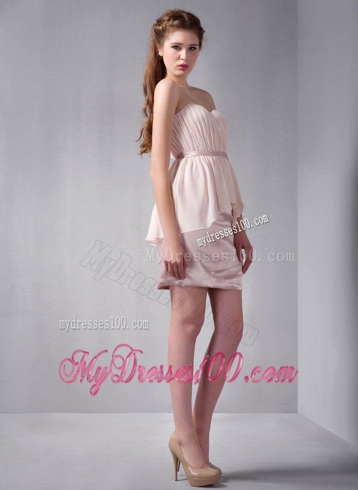 Pink Column Sweetheart Mini-length Ruche Prom Evening Dress