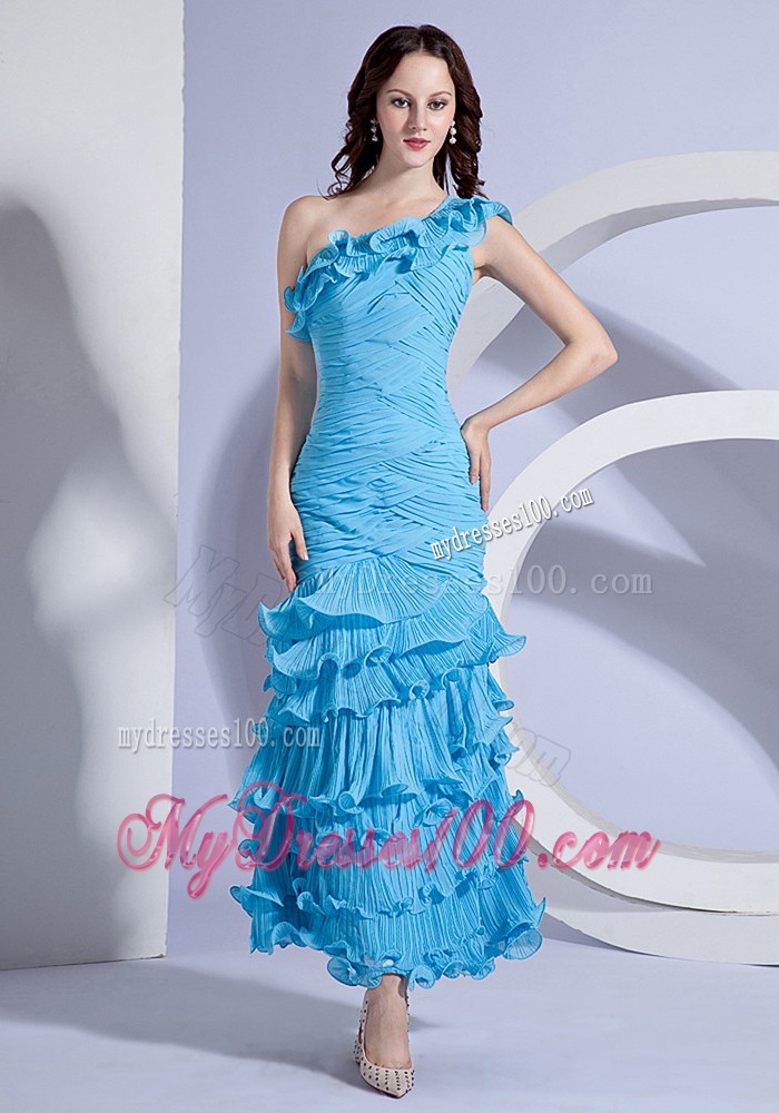 Pleat Decorate One Shoulder Aqua Blue Ankle-length Prom Dress