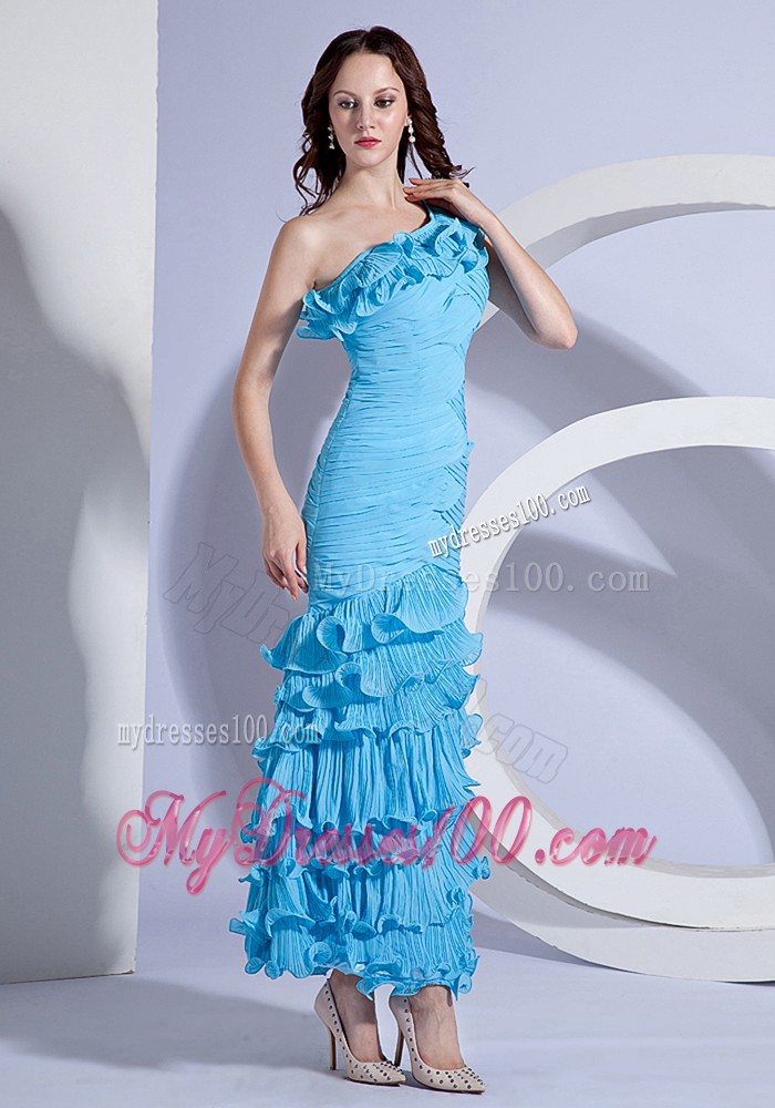 Pleat Decorate One Shoulder Aqua Blue Ankle-length Prom Dress