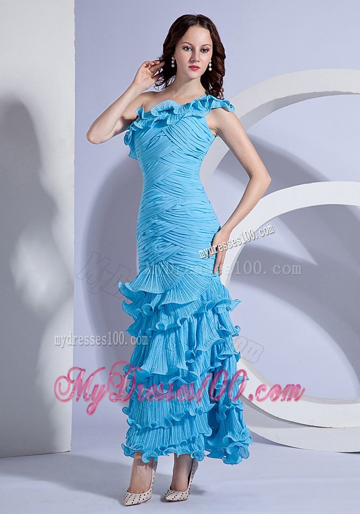 Pleat Decorate One Shoulder Aqua Blue Ankle-length Prom Dress