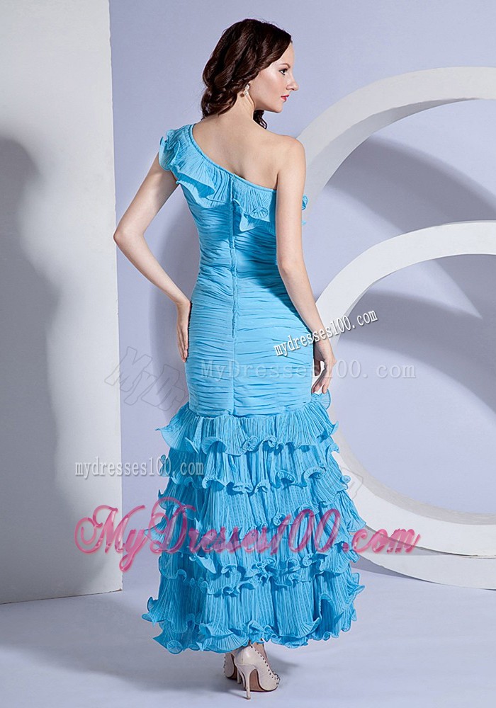 Pleat Decorate One Shoulder Aqua Blue Ankle-length Prom Dress