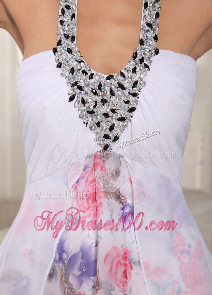 Printing White Beaded Decorate Halter Straps 2013 Evening Dress