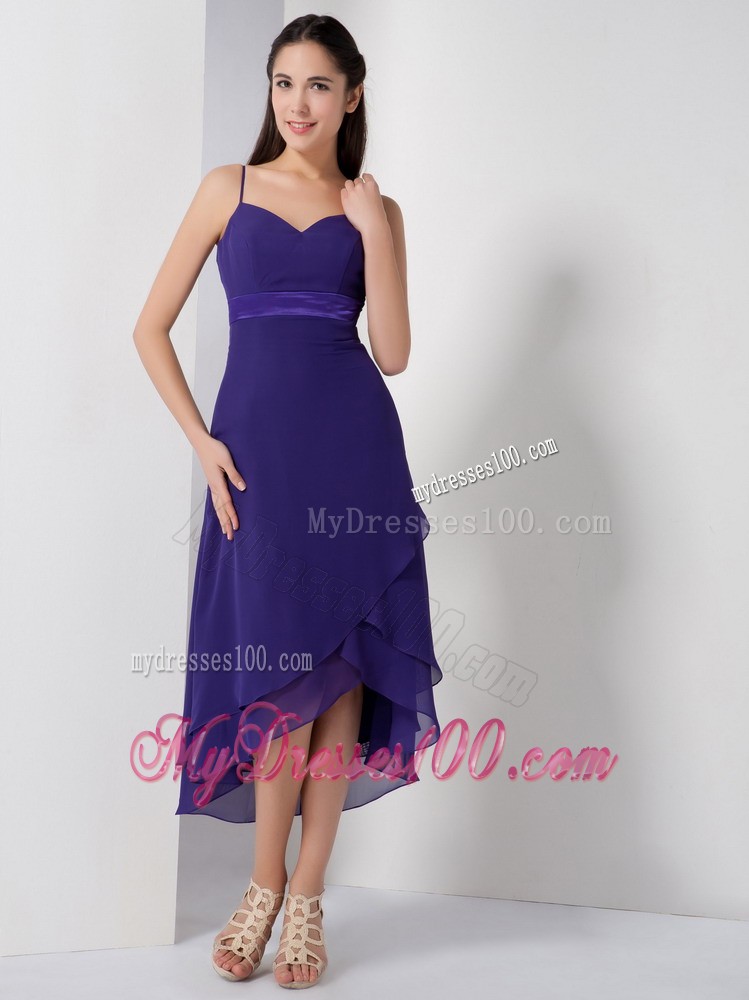 Customize Purple Empire Spaghetti Straps Brideamaid Dress High-low Chiffon