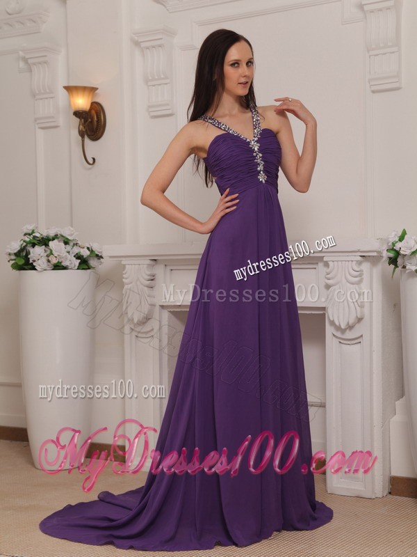 Purple Empire V-neck Brush Train Beading and Ruche Prom Dress