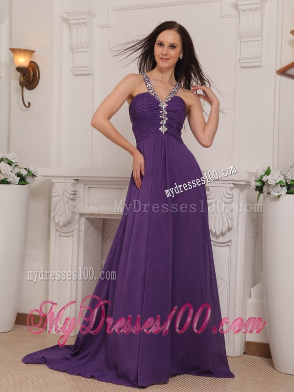 Purple Empire V-neck Brush Train Beading and Ruche Prom Dress
