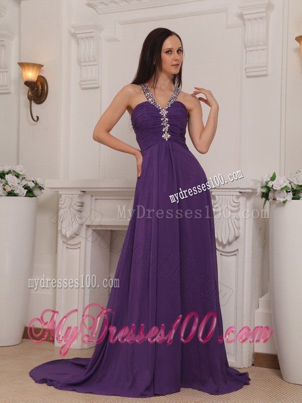 Purple Empire V-neck Brush Train Beading and Ruche Prom Dress