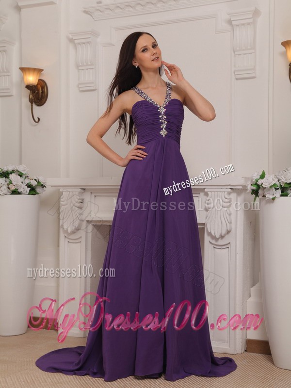 Purple Empire V-neck Brush Train Beading and Ruche Prom Dress