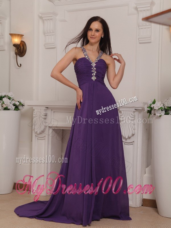 Purple Empire V-neck Brush Train Beading and Ruche Prom Dress