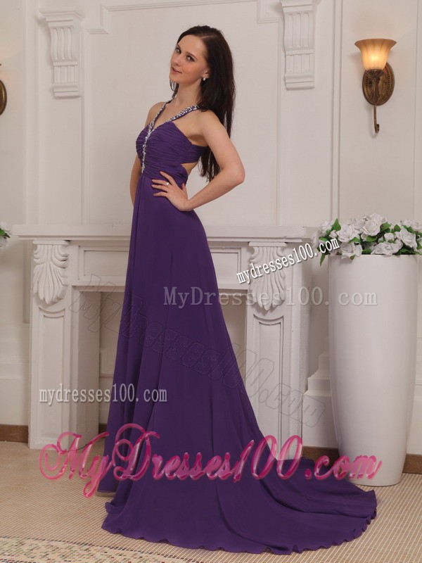 Purple Empire V-neck Brush Train Beading and Ruche Prom Dress