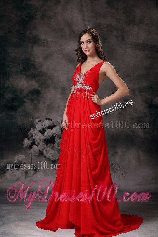 Pretty Red Beading V-neck 2013 Evening Dress with Brush Train