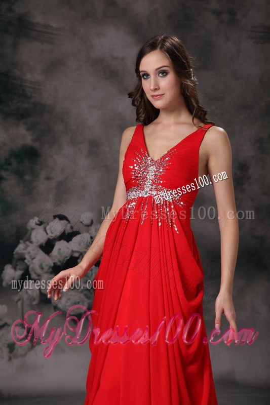 Pretty Red Beading V-neck 2013 Evening Dress with Brush Train